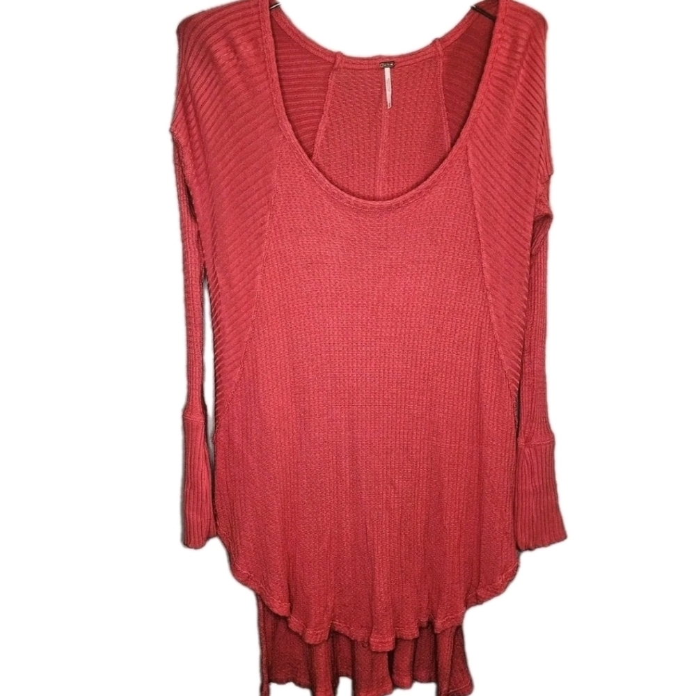 Free People Sz M Coral Tunic, Part Waffle/Striped long BOHO Slouchy